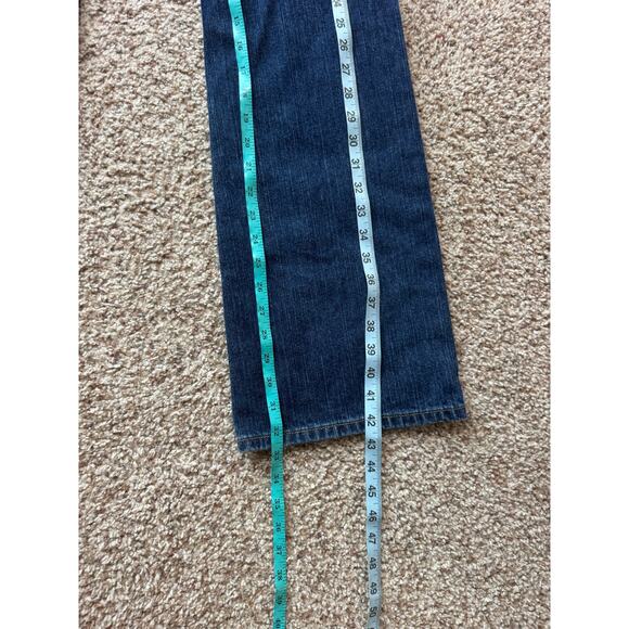 Express Woman's Jeans/Pants size 7/8 LONG/TALL, Dark Blue Denim, Low Rise, Flare - Picture 10 of 11